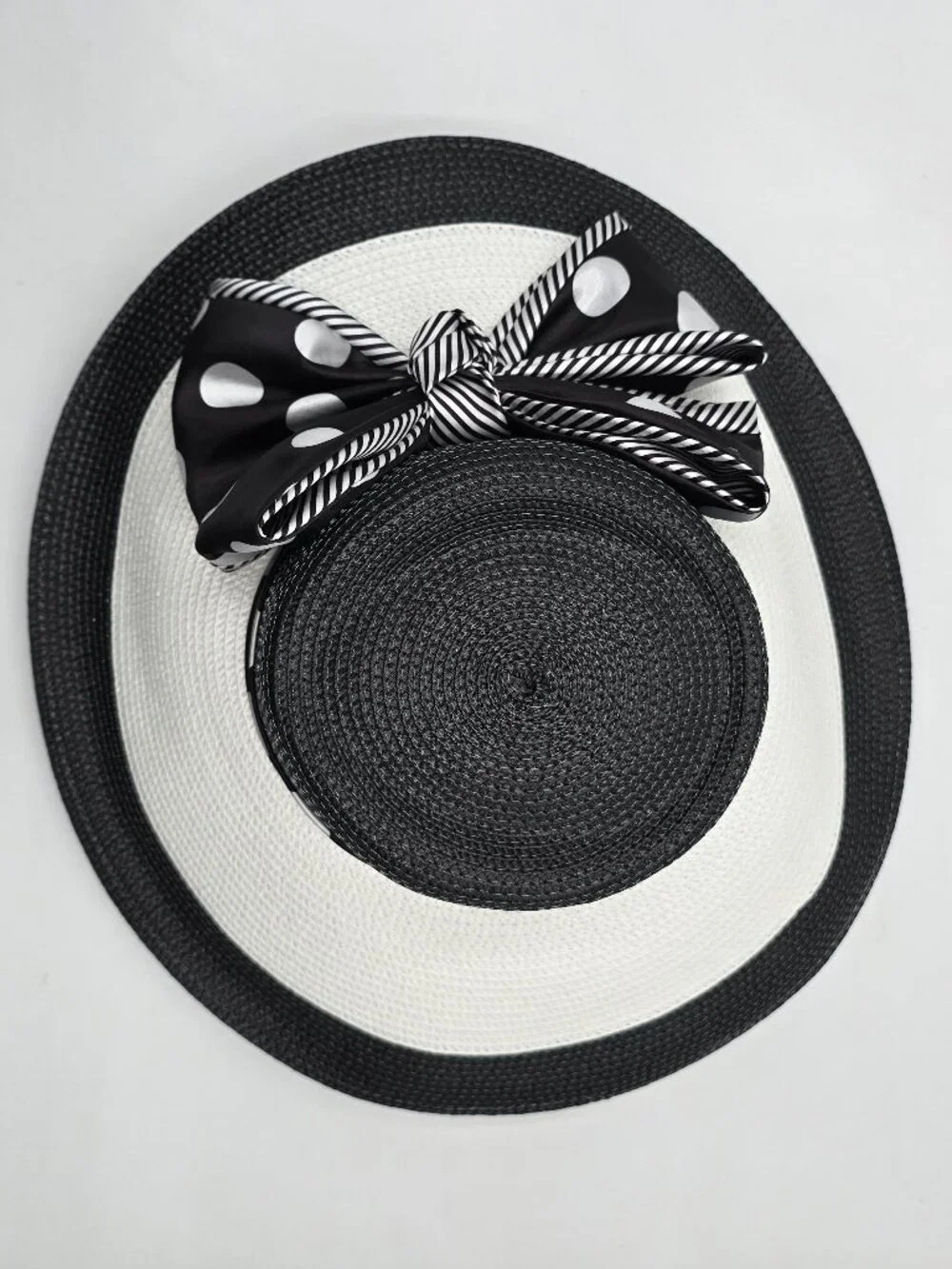 August Hat Company B&W Wide Brim Hat with Polka-Dot & Striped Accent Bow